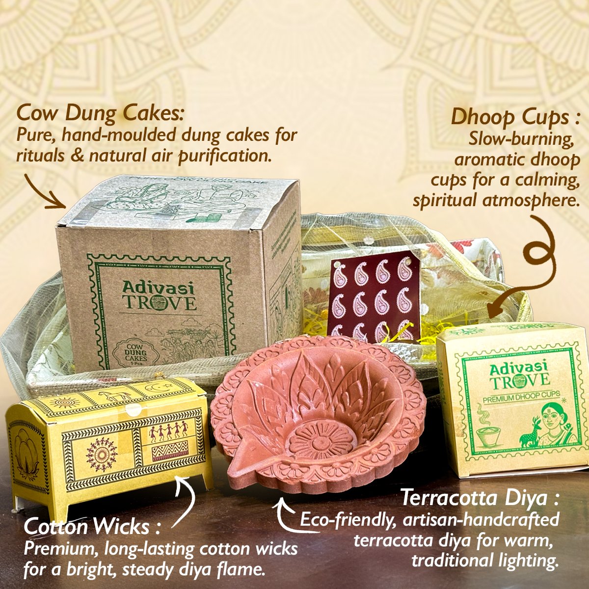 Pooja Essentials Hamper | Dhoop, Diya, Cow Dung Cake | Adivasi Trove