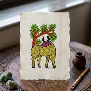 Handmade Tribal Deer Under Tree Painting on Paper
